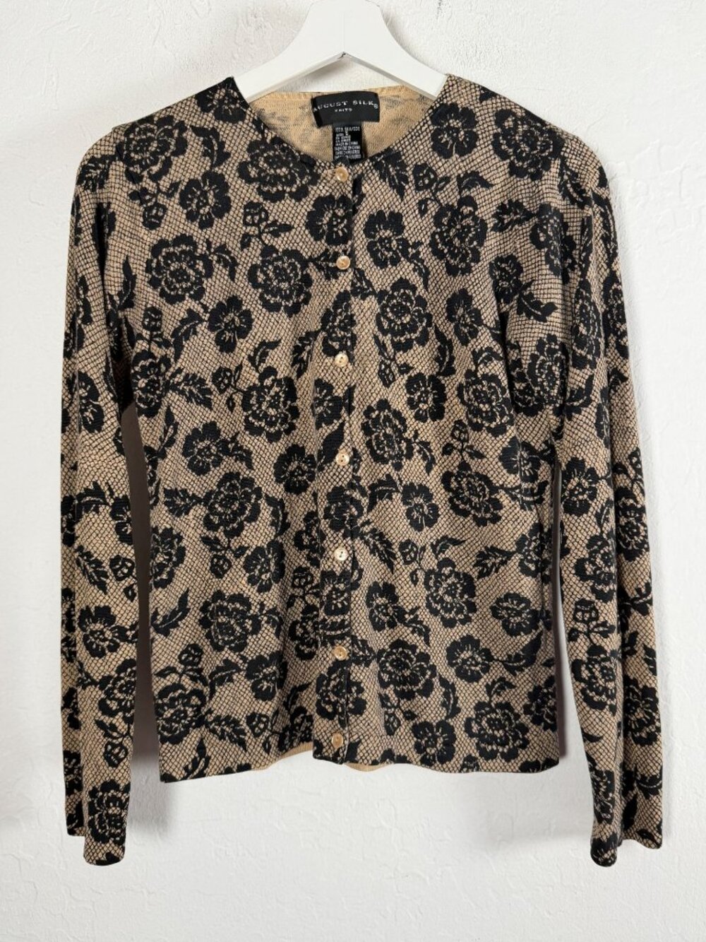 August Silk Womens Knits Black Tan Floral Button-Up Cardigan Sweater Size Small